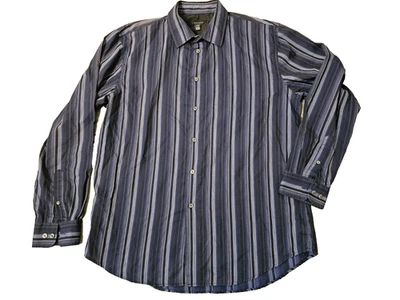 Camisa de vestir Van Heusen para hombre grande 16-16,5 cuello azul negro rayas abotonadas L Foto 1 de 4