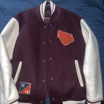 Zara Letterman Jacket Burgundy White Cream Wolf Men’s Jacket Sz Large NWT - Image 1 of 4