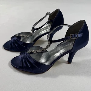 Davids Bridal Womens Size 7.5M Navy Blue Satin Rhinestone Strappy Heels No Box - Picture 1 of 11