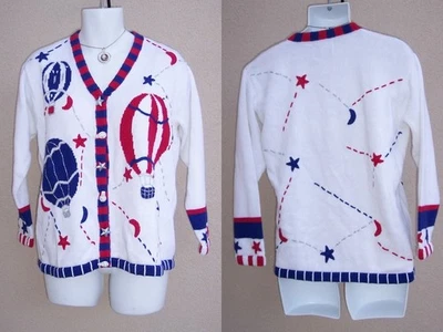Storybook Knits hot air balloon sweater top size L Red, White & Blue Star silver - Image 1 of 4
