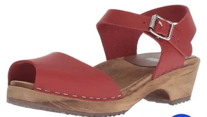 Mia Anja Sandals Women 39 / 8.5 Red Leather Mary Jane Wooden Clog Peep Swedish - Picture 1 of 10