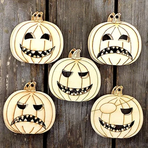 10x Wooden Halloween Pumpkin Face Mix Craft Shapes 3mm Plywood - Picture 1 of 16