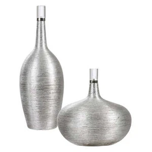 Modern Minimalist Spun Silver Ceramic Bottle Set 2 Round Ribbed Metallic Fat - Picture 1 of 3