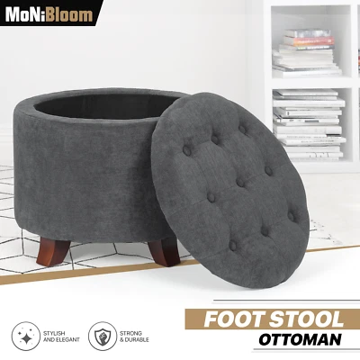 Banqueta tufada otomana cinza escuro redonda armazenamento 17" com tampa removível e pernas de madeira - Imagem 1 de 4