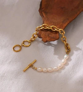 Beaded Natural White Pearls 18k Gold Plated Link Chain Charm Bracelet for Women - Picture 1 of 16