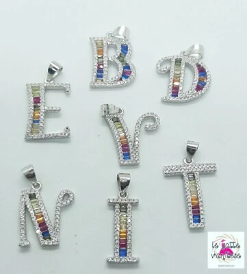 collana donna iniziale in Argento 925 con  zirconi raimbow + catenina omaggio  - Immagine 1 di 4