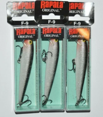 3 señuelos rapala f-9 plata negro espalda flotante minnow f09 s 3 1/2" 3/16 oz Foto 1 de 4