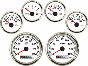 6 Gauge Set White GPS 160MPH Speedometer Tacho Fuel Volts Oil Water Temp Red Led - Bild 1 von 7