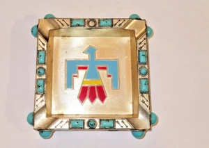 Vintage Metal Thunderbird Ashtray Turquoise color gembstones  embossed design - Picture 1 of 13