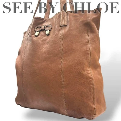 See By Chloe Leather Brown Tote Bag Ribbon Accent Large Shoulder Carry All - Image 1 of 4