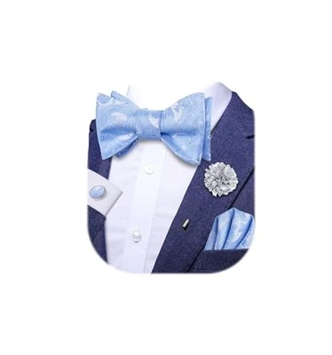  Self Tie Bow Ties and Lapel Pin for Men Paisley Solid Mens Sliver Light Blue - Image 1 of 4