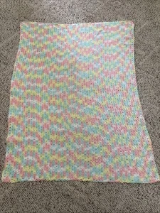 Vintage Pink Yellow Blue Green Hand Knit Afghan Baby Blanket 40x33 - Picture 1 of 4