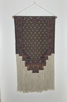 Woven Cotton Wall Hanging Fringe Boho 24”x36” Red Blue Cream Opal house Wood Rod - Image 1 of 4