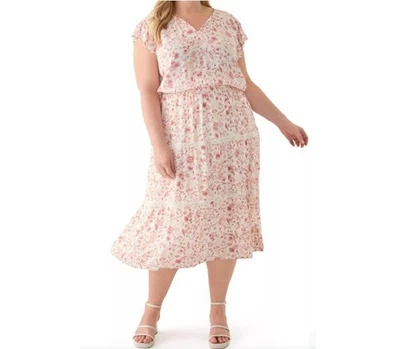 Lucky Brand Dress 2X Pink Floral Flutter Sleeve Midi Gauze Tiered Cottage NEW - Image 1 of 4