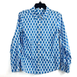 Crown & Ivy Women's Collared Blue White Geometric Button Up Long Casual Sleeve S - Picture 1 of 13