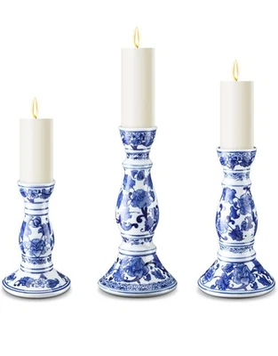 Soaoo Set of 3 Blue and White Porcelain Ceramic Pillar Candle Holder - Image 1 of 4