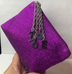 Lila Glitzer Kosmetik Reise Tasche Kette LOVE Handtasche Charms baumelnd 6x5" Lesen - Bild 1 von 17