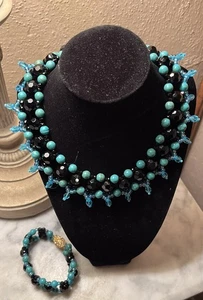 Vintage Handwerker schöne Türkis und schwarz Halsband Halskette & Armband Neu - Bild 1 von 7