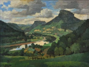 Werner Hitzer (1918-2005) Blick auf die Elbe im Elbsandsteingebirge Öl/Lw. - Bild 1 von 4