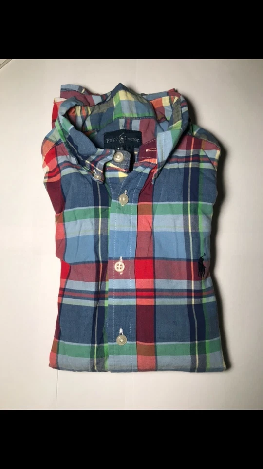 Ralph Lauren для мальчиков размер M 10-12 синий/зеленый/красный клетку платье рубашка с длинным рукавом - Изображение 1 из 1