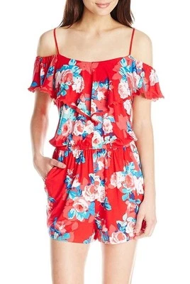 Jessica Simpson Norah Red Blossom 荷叶边弹力针织连身裤带侧袋 69 美元 — 第 1/4 张图片