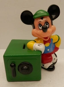 Vintage Mickey Mouse Coin Bank Plastic Mickey w/Visor Leaning Against Safe - Picture 1 of 3