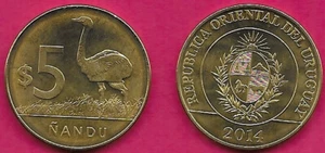 URUGUAY 5 PESOS URUGUAYOS 2014 UNC RHEA (NANDU),ARMS IN CIRCLE,DATE BELOW,COAT - Picture 1 of 1