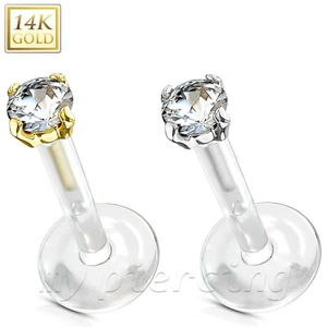 14 Kt Gelbgold & Weißgold 2,5 mm CZ Krappen Set Bio Flex Push in Labret Stecker - Bild 1 von 4