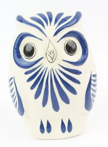 Owl Figurine -Hand Painted Mexican Pottery Creamy Blue Enamel - 1 ITEM - Picture 1 of 1