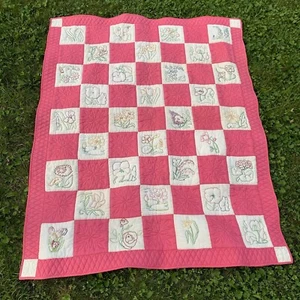 Vtg Handmade Quilt Twin Full Floral Embroidery Pink Flowers Hand Quilted 61x75 - Picture 1 of 11
