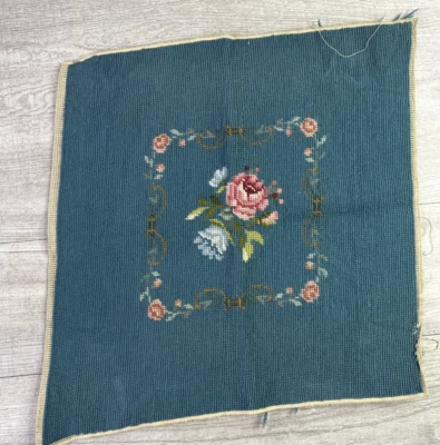Vtg Finished Yarn Needlepoint Floral Bouquet Blue Pillow Chair Cover etc - Image 1 of 4