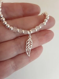 Sterling Silver & Rose Quartz 4mm Bead Bracelet with Angel Wing Feather Charm - Picture 1 of 7