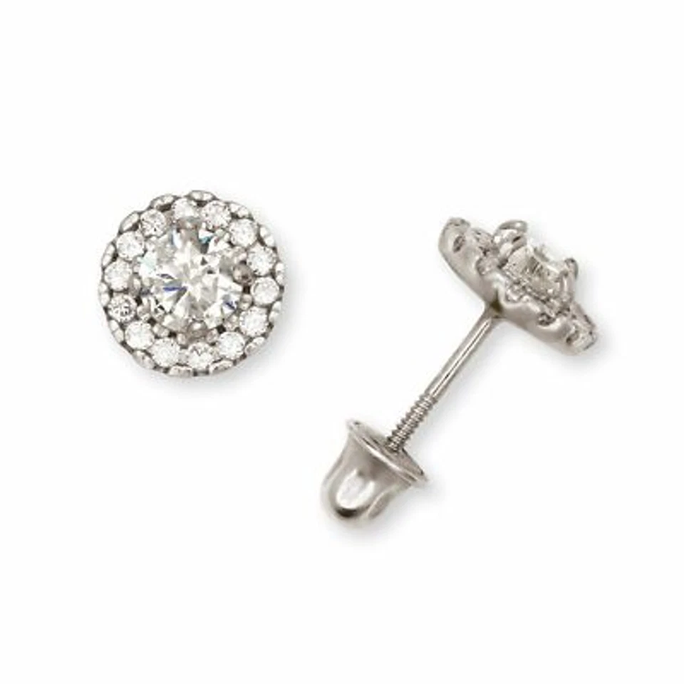 Solid 14K White Gold Halo Cubic Zirconia Birthstone Stud Screw Back Earrings - Image 1 of 1