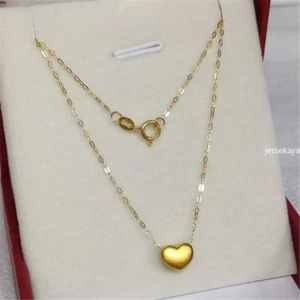 Pure 999 24K Yellow Gold Heart Pendant With 18K Gold O Link Women Necklace 18" - Picture 1 of 6