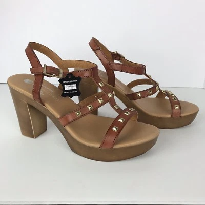 Sandalias de cuero marrón para mujer talla 9,5 con tachuelas punta abierta plataforma Eric Michael  Foto 1 de 4