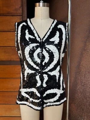 Винтажный 80-х 90-х Saks Fifth Avenue черно-белый блестками жилет с молнией - Изображение 1 из 4