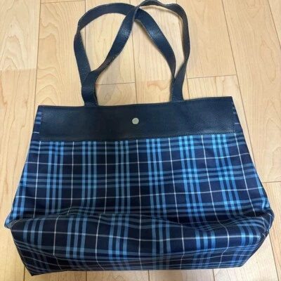 Bolso de Mano Burberry Nova a Cuadros Cuero Nailon Azul USADO Auténtico #S1858 Foto 1 de 4