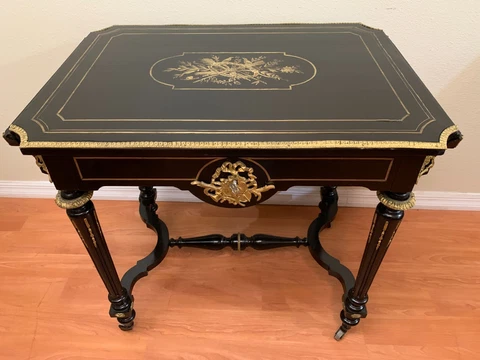 Antique French Black Lacquered Louis XV Style Small Table Bronze Mounts Boulle Cover