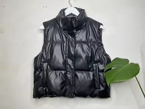 Womens black medium size vegan faux leather sleeveless puffer jacket body warmer - Picture 1 of 8