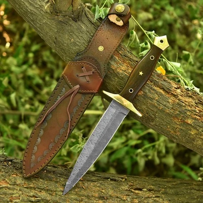 手工制作大马士革匕首阿瑟姆刀黄铜螺栓和木柄带鞘 — 第 1/4 张图片