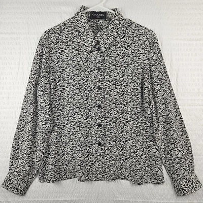 Blusa Chanel para mujer 100 % seda manga larga con cuello abotonado blanca negra talla 36 Foto 1 de 4