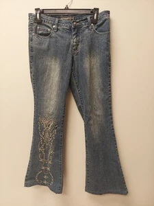 Younique Vintage Y2K Flare/Bell Bottom Jeans Size 9 Strech Denim Embroidered - Picture 1 of 10