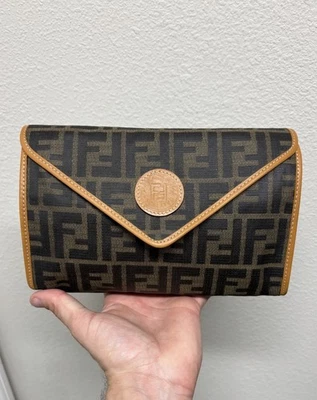Vintage Fendi FF Monogram Cosmetic Bag Pouch Brown Zucca Canvas Snap Button - Image 1 of 4