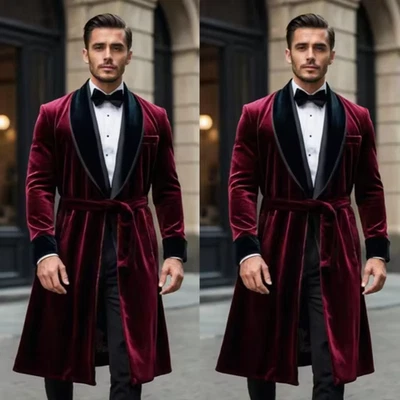 Classic Burgundy Velvet Suits Men Long Black Shawl Lapel Prom Blazers Customized - Image 1 of 4