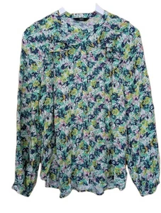 Next Blouse/Shirt Button Down High Collar Green/Yellow Long Sleeve Soft 12 - Picture 1 of 6