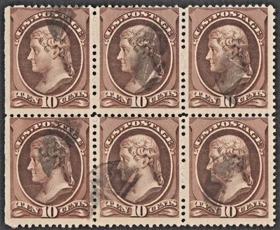 US Sc# 209 USED { 10c JEFFERSON BLOCK OF 6 } LIGHT CANCEL 1882 AMERICAN BANKNOTE - Image 1 of 3