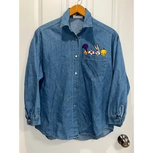 Vintage 1992 Top Line Looney Tunes Denim Shirt Road Runner Bugs Bunny Womens med - Picture 1 of 7