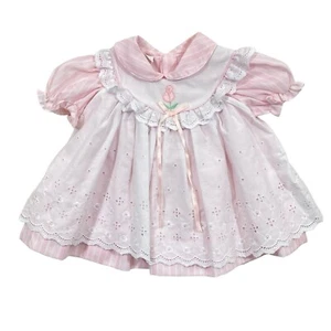 Grembiule vintage bambina vestito PInafore rosa bianco colletto taglia 12 mesi - Foto 1 di 7