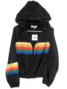 NWT Twain Women's Medium Black Rainbow Pride Stripe Hooded Windbreaker Jacket - Picture 1 of 9