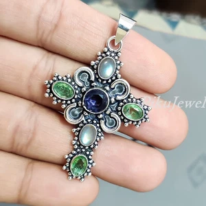 Amethyst Cut & Labradorite, Peridot Gemstone 925 Sterling Silver Antique Cross - Picture 1 of 7